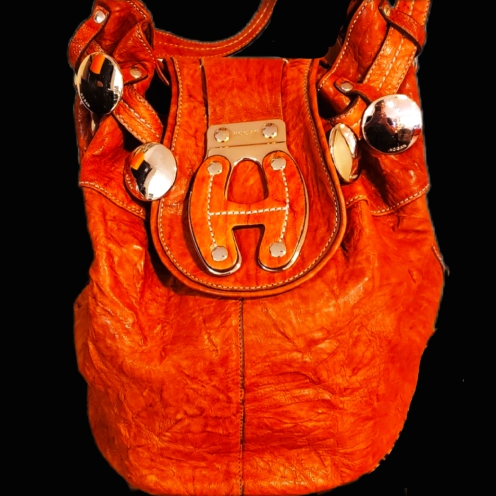 HOGAN by Tods- Gold BTN Dist. Crinkle Cognac BRN Ltr. Bag Vintage NWOT